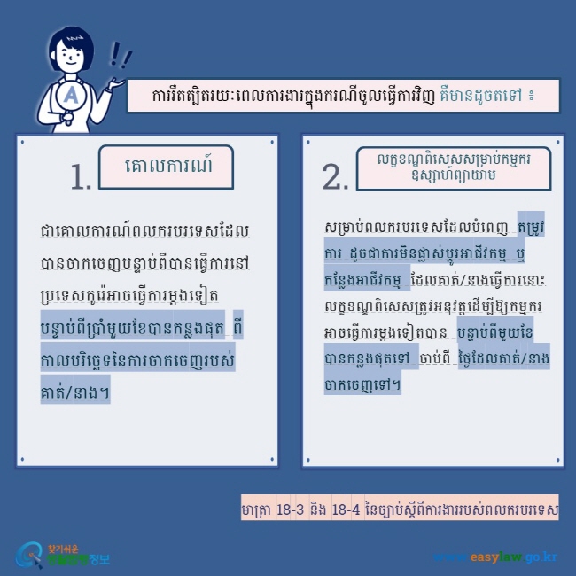 ការរឹតត្បិតរយៈពេលការងារក្នុងករណីចូលធ្វើការវិញ គឺមានដូចតទៅ ៖  គោលការណ៍ លក្ខខណ្ឌពិសេសសម្រាប់កម្មករឧស្សាហ៍ព្យាយាម ជាគោលការណ៍ពលករបរទេសដែលបានចាកចេញបន្ទាប់ពីបានធ្វើការនៅប្រទេសកូរ៉េអាចធ្វើការម្តងទៀត បន្ទាប់ពីប្រាំមួយខែបានកន្លងផុត ពីកាលបរិច្ឆេទនៃការចាកចេញរបស់គាត់/នាង។ សម្រាប់ពលករបរទេសដែលបំពេញ តម្រូវការ ដូចជាការមិនផ្លាស់ប្តូរអាជីវកម្ម ឬកន្លែងអាជីវកម្ម ដែលគាត់/នាងធ្វើការនោះ លក្ខខណ្ឌពិសេសត្រូវអនុវត្តដើម្បីឱ្យកម្មករអាចធ្វើការម្តងទៀតបាន បន្ទាប់ពីមួយខែបានកន្លងផុតទៅ ចាប់ពី ថ្ងៃដែលគាត់/នាងចាកចេញទៅ។ មាត្រា 18-3 និង 18-4 នៃច្បាប់ស្តីពីការងាររបស់ពលករបរទេស